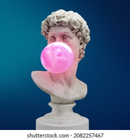 Funny concept illustration from 3d rendering of classical head sculpture blowing a pink chewing gum bubble. Isolated on blue background.