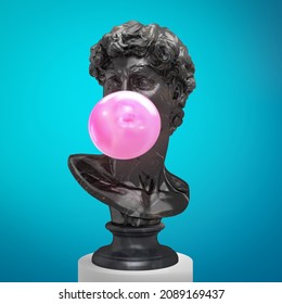 Funny Concept Illustration From 3d Rendering Of Classical Black Marble Head Sculpture Blowing A Pink Chewing Gum Bubble. Isolated On Blue Background.