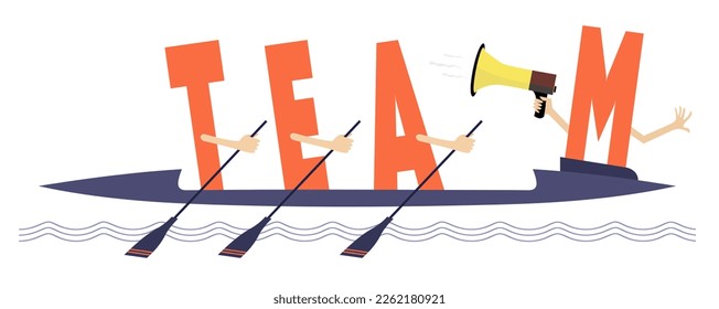 Funny concept inscription team illustration. 
Letters T, E, A with oars and M with megaphone rides on kayak. Isolated on white illustration
 - Powered by Shutterstock