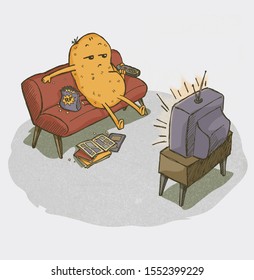 Funny Couch Potato Character Watching TV Eating Popcorn Being Lazy Sitting On Sofa, Isolated On White Background. Unhealthy Lifestyle Concept. Tshirt Poster Card Print Illustration.