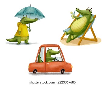 Funny crocodile in yellow raincoat holds umbrella, driving red car and lying on beach in chair. Watercolor animal character for birthday card isolated on white background - Powered by Shutterstock