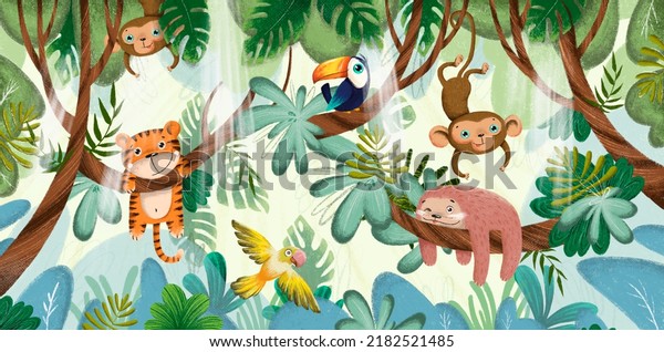  funny cute animals having fun on the branches in the tropics art drawing children's animals photo obi