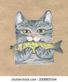 Funny Cute Gray Tabby Cat That Holds A Small Fish And Looks At The Camera. Oil Pastels On Craft Paper