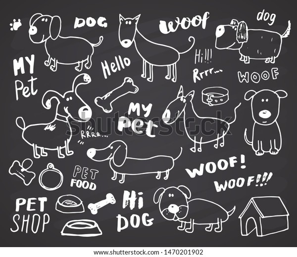 可笑しい犬が落書きセット 黒板の背景に手描きのスケッチペットコレクションイラスト のイラスト素材
