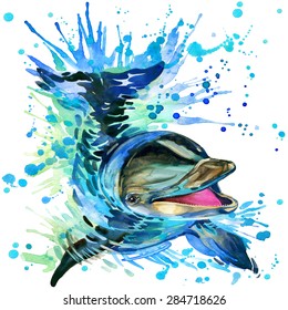 funny dolphin. watercolor illustration. marine nature. sea animal. wildlife.