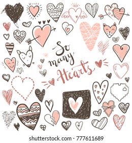Funny doodle hearts icons collection  Hand drawn Valentines day  wedding design  Cute elegant style  modern design