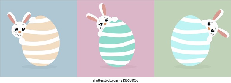 Funny Easter bunnies peeping out from behind the giant eggs, Easter rabbits, an egg hunting illustration - Powered by Shutterstock