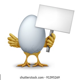 Funny egg holding a blank sign with humorous hatching baby bird chick breaking through the thin shell showing new life as a symbol of early bird and morning announcement.