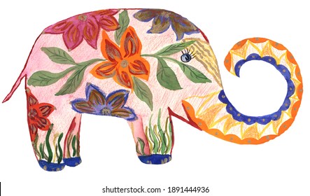 Funny elephant hand drawn with watercolor  and crayons for children illustration 