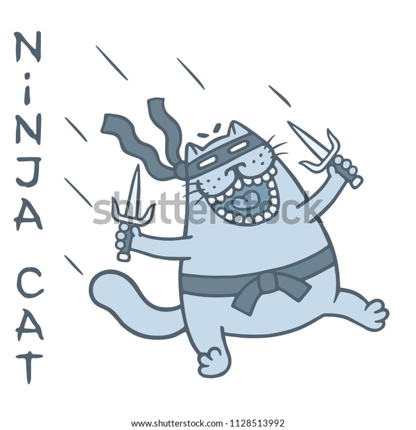 Funny Fat Cat Warrior Shadow Attacks のイラスト素材