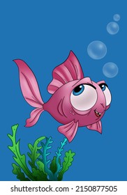 Funny Fish In The Ocean. Bubbles And Algae. Little Fish With Big Eyes. Drawing Of A Small Fish With Big Eyes.