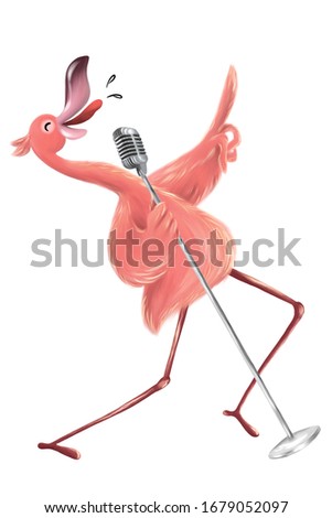 Funny flamingo singing in karaoke. Hand drawn flamingo illustration