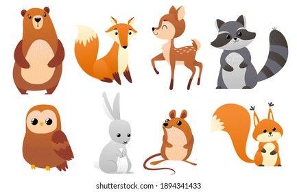 Funny Forest Animals. Fox, Bear, Moose, Raccoon, Squirrel, Deer, Ferret, Fly Agaric, Acorn Or Mushrooms And Leaves. Set Of Woodland Animals Isolated On White Background