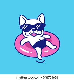 Funny French Bulldog In Sunglasses With Pool Float. Cute Cartoon Dog On Summer Pool Party Illustration.