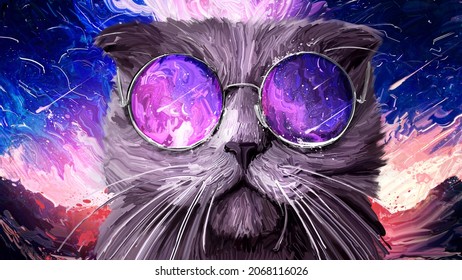 Funny friendly lop-eared cat in big round glasses that reflect the space, against a bright blue-purple sky, he has a big mustache and gray wool 2d oil illustration