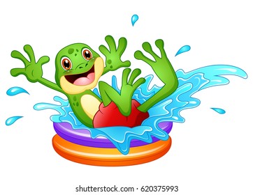 Funny Frog Cartoon Sitting Above Inflatable Pool With Water Splash