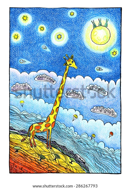 Funny giraffe\
meet aliens.Funny communication illustration. Children hand drawn\
illustration. Earth view from space.\
