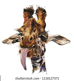 Funny Giraffe Watercolor Hand Drawn Illustration.