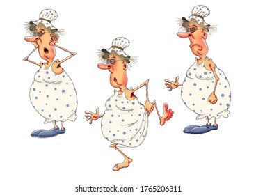 Funny Grandmother In A Nightgown And A Cap In Various Poses. Caricature Illustration.