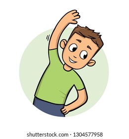 Funny Guy Streching And Exercising. Active Lifestyle. Cartoon Design Icon. Colorful Flat Illustration. Isolated On White Background. Raster Version.