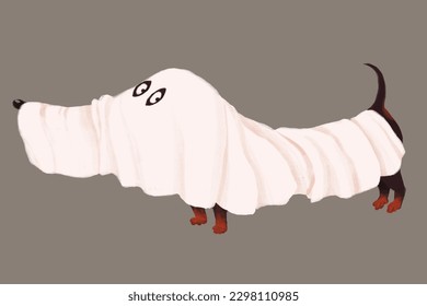 Funny Halloween dachshund dog in ghost costume 