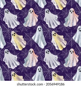 Funny Halloween ghosts watercolour seamless pattern  Halloween illustration  Hand drawn style  Cute little ghosts and spider web purple background 