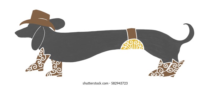 funny hand drawn cowboy cow dog, cute extra long dachshund wiener dog in black wearing cowboy hat, cowboy boots and big country western gold buckle