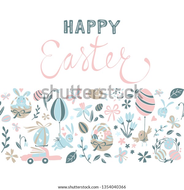 Funny\
Happy Easter greeting card background with rabbit, egg balloons,\
bunny, chicks and flowers, easter basket, children\'s game easter\
eggs hunt . Illustration kids cartoon style\
design.