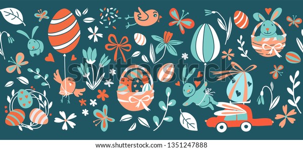 Funny Happy Easter\
seamless pattern border frame background greeting card with rabbit,\
bunny, chicks and flowers, basket, easter eggs hunt . Illustration\
doodle kids style\
design.