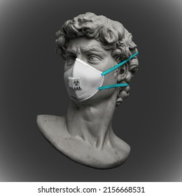 Funny Illustration From 3d Rendering Of Classical Marble Head Sculpture With Face Mask For Viral Protection Isolated On Grey Background.