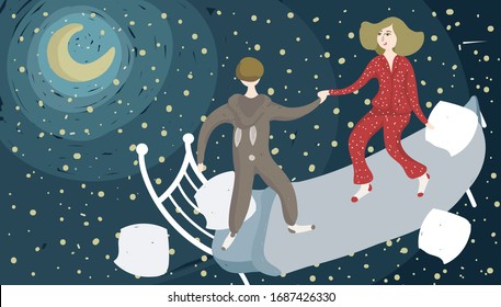 Funny Illustration With The Couple In Pajamas, Who Are Dancing Under The Moon And Stars On The Bed 