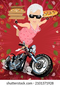 Funny Illustration Grandma Senior Old Woman Pizza Delivery Motosport Food Tasty Humor Pizzeria Takeaway Motobike Driving Old Woman Balerina Cartoon Character Caricature Motorcycle Biker Ride Speed