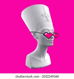 Funny illustration head sculpture Nefertiti in pixel glasses on a pink background. 3d image.