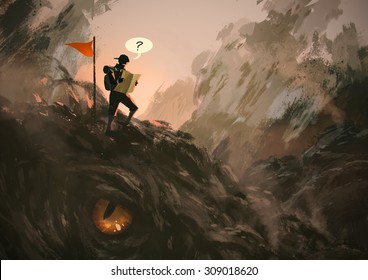 Funny Illustration Painting Showing Lost Hiker With Backpack Looking At Map