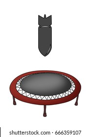 Funny Illustration Showing A Bomb Falling Down On A Trampoline. It Is A Metaphor Of Instant Karma Showing That The Damage Caused Might Go Against You.