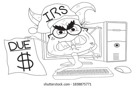 Funny IRS Agent Monster Wearing A Tie Climbing Out Of Computer To Collect Past Due Taxes Black And White Line Art Illustration