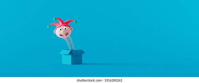 Funny Jack in the box on the blue background. April fools day concept 3d render 3d illustration - Powered by Shutterstock