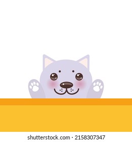 Funny Kawaii Cat Face With Pink Cheeks, Pastel Colors White Yellow Orange Pink Lilac Background. Can Be Used For Greeting Card Design, Frame For Your Text. 