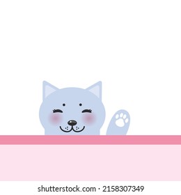 Funny Kawaii Cat Face With Pink Cheeks, Pastel Colors White Blue Pink Lilac Background. Can Be Used For Greeting Card Design, Frame For Your Text. 