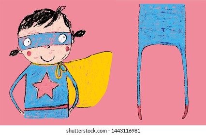 Funny Kid In Superman Costume Vector Illustration Isolated On White Background. Boy In Superhero Costume Character With Brush /Two Halves/