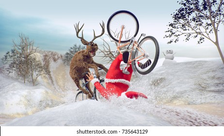 Funny Lame and Bad Santa Claus on bicycle with friend reindeer on a racing. Merry Christmas and Happy New Year. Saint Nicholas day. Mannequin Challenge. 3D rendering. Copy space Champion Cup concept. - Powered by Shutterstock