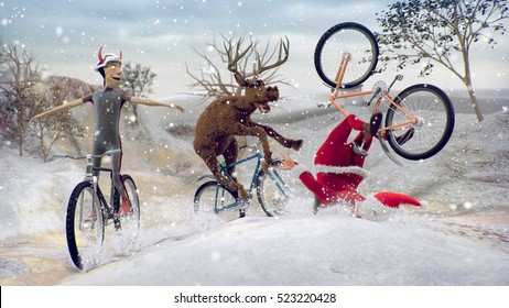Funny Lame Santa Claus on bicycle with friends reindeer and devil krampus. Merry Christmas and Happy New Year! Saint Nicholas day. Mannequin Challenge. 3D rendering.