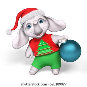 Funny little elephant cartoon character holding christmas bauble decoration isolated 3d rendering