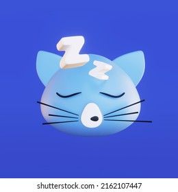 Funny Little Kawaii Cartoon Kitty Sleep Emoji 3d Render Illustration On Blue Backdrop