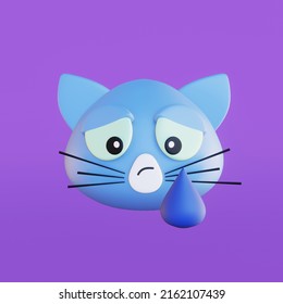 Funny Little Kawaii Cartoon Sad Kitty Emoji 3d Render Illustration On Velvet Backdrop