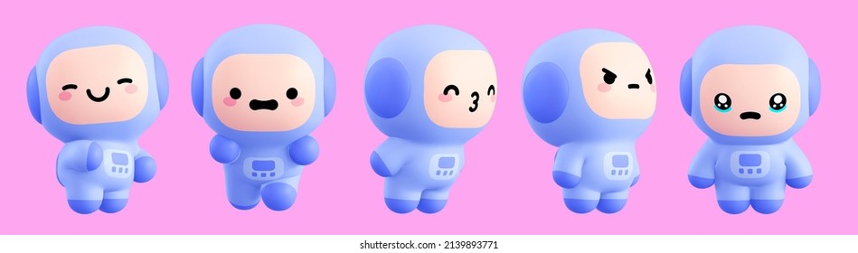 Funny Little Kawaii Emoji Set Character. Cartoon Astronaut Boy 3d Render Illustration On Pink Backdrop