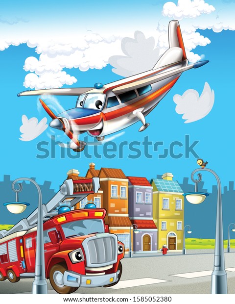funny looking cartoon fireman truck driving\
through the city and emergency plane flying over - illustration for\
children