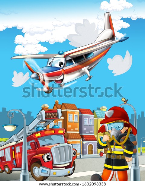 funny looking cartoon fireman truck driving\
through the city and emergency plane flying over - illustration for\
children