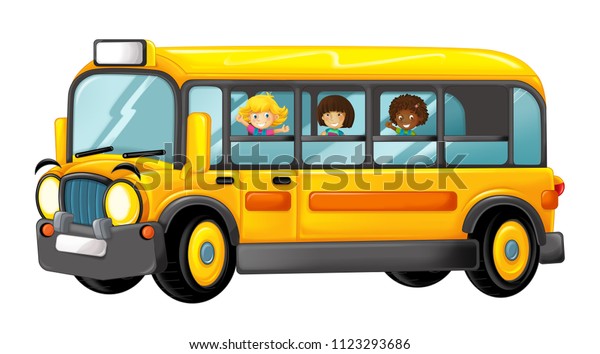 funny looking cartoon yellow bus with pupils -\
illustration for\
children