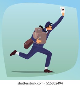 Funny Man With Mustache Working As Postman. Runs, With One Hand Waving A Letter, And The Other Holding Boxes And Parcels. Express Delivery Mail Concept. Cartoon Style.